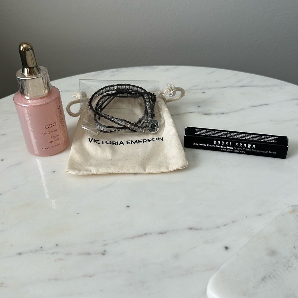Vegamour GRO Hair Serum, Victoria Emerson leather wrap bracelet, Bobbi Brown